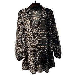 Ronnie Salloway Animal Print Stripes Sheer Long Sleeve Blouse Large